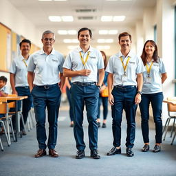 A basic uniform design for the management team of Elizabeth School, showcasing simplicity and functionality with the colors white, blue, and yellow