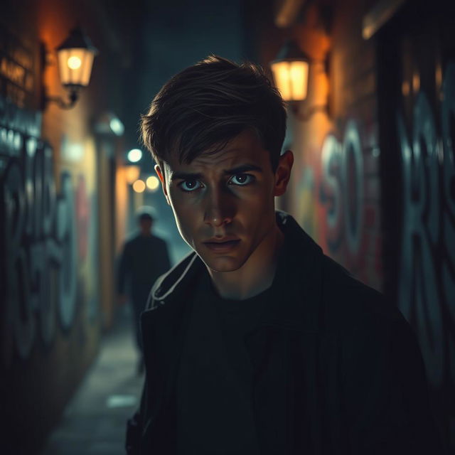 A dramatic scene depicting a tense moment that suggests uncertainty and suspicion, with a focus on a young man with a worried expression, standing in a dimly lit alley filled with shadows