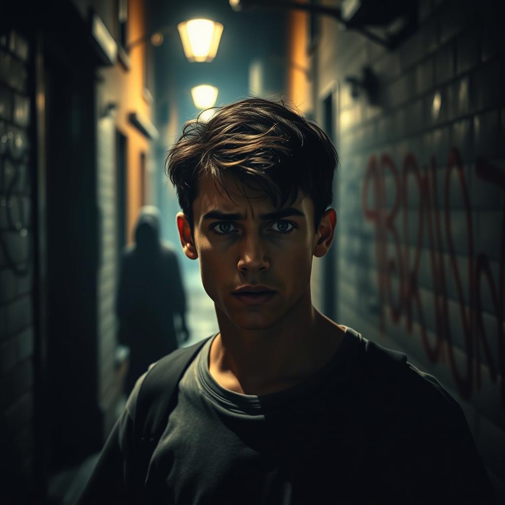 A dramatic scene depicting a tense moment that suggests uncertainty and suspicion, with a focus on a young man with a worried expression, standing in a dimly lit alley filled with shadows