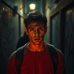 A dramatic scene depicting a tense moment that suggests uncertainty and suspicion, with a focus on a young man with a worried expression, standing in a dimly lit alley filled with shadows