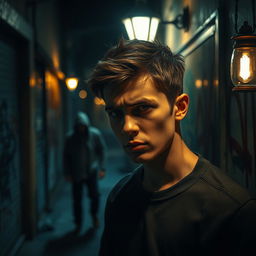 A dramatic scene depicting a tense moment that suggests uncertainty and suspicion, with a focus on a young man with a worried expression, standing in a dimly lit alley filled with shadows