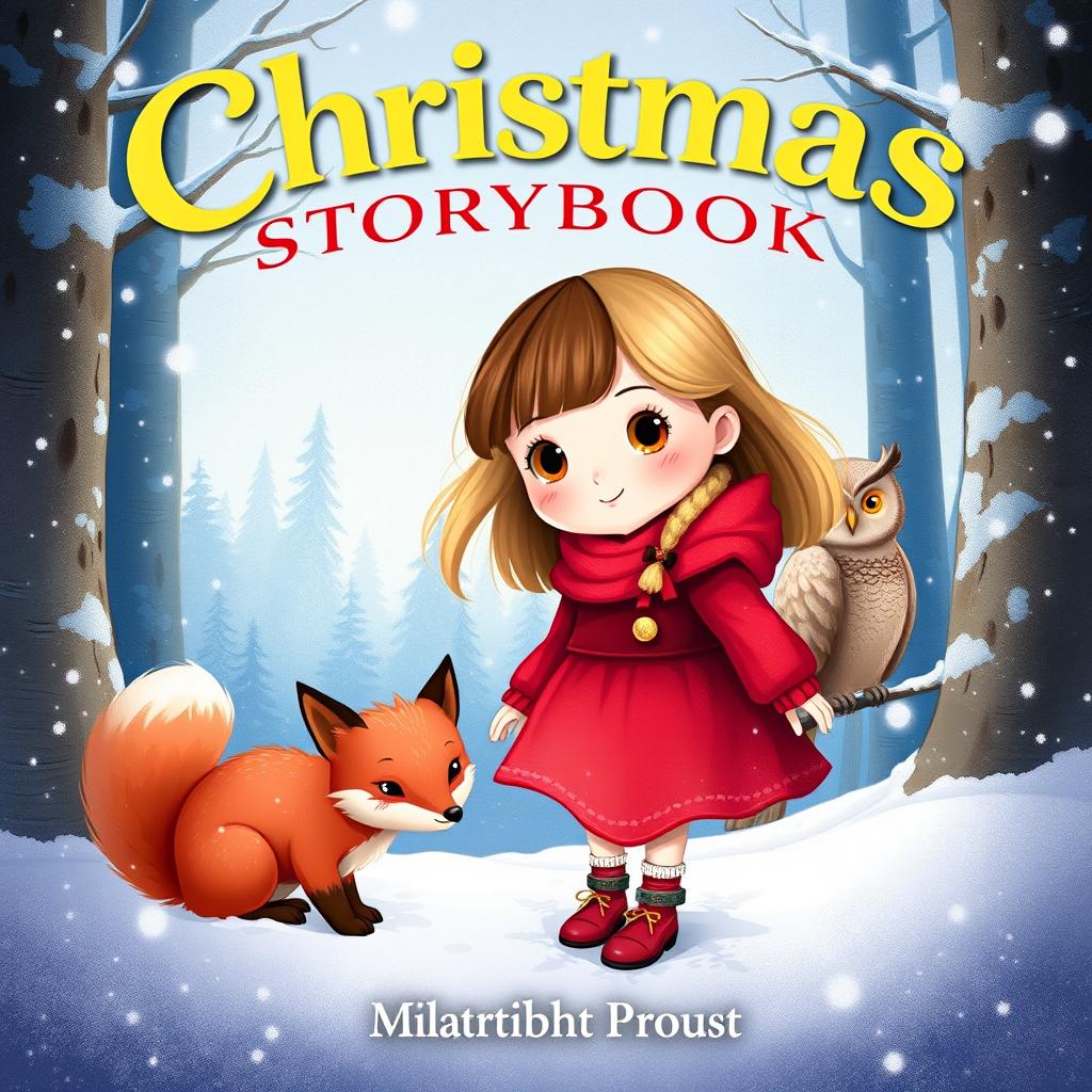 A Christmas storybook cover featuring a little girl with half brown and half blonde hair, dressed in a bright red outfit