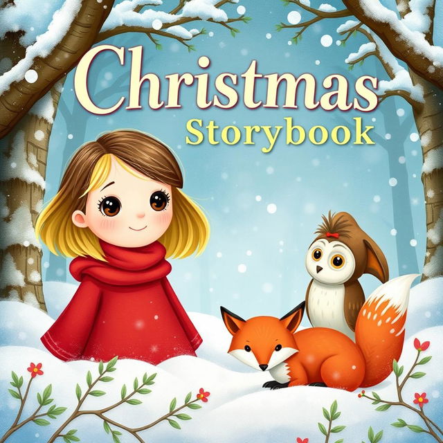 A Christmas storybook cover featuring a little girl with half brown and half blonde hair, dressed in a bright red outfit