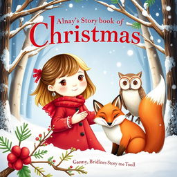 A Christmas storybook cover featuring a little girl with half brown and half blonde hair, dressed in a bright red outfit
