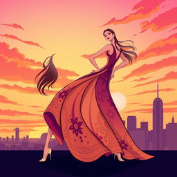 A stylized illustration of a fashion model striking a confident pose, showcasing straight legs elegantly displayed in a flowing, long dress