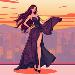A stylized illustration of a fashion model striking a confident pose, showcasing straight legs elegantly displayed in a flowing, long dress