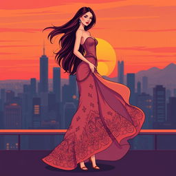 A stylized illustration of a fashion model striking a confident pose, showcasing straight legs elegantly displayed in a flowing, long dress