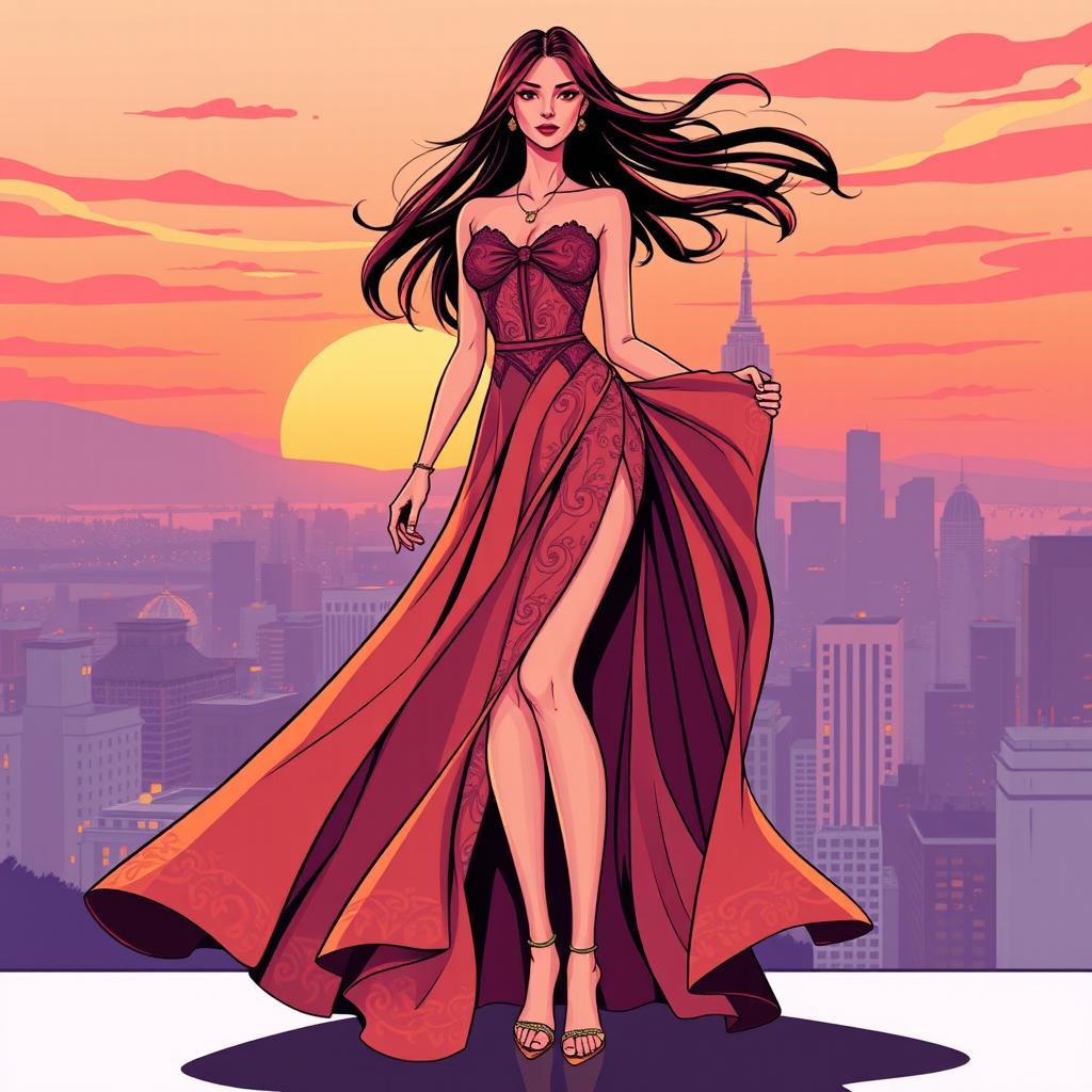 A stylized illustration of a fashion model striking a confident pose, showcasing straight legs elegantly displayed in a flowing, long dress