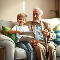 A heartwarming scene featuring a young boy named Omid, around 10 years old, sitting comfortably on a light gray couch adorned with colorful cushions in green and blue