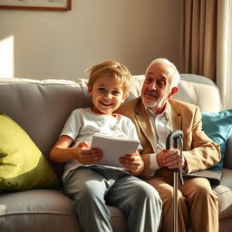 A heartwarming scene featuring a young boy named Omid, around 10 years old, sitting comfortably on a light gray couch adorned with colorful cushions in green and blue