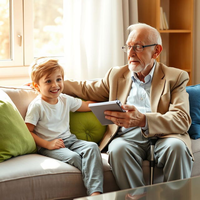 A heartwarming scene featuring a young boy named Omid, around 10 years old, sitting comfortably on a light gray couch adorned with colorful cushions in green and blue