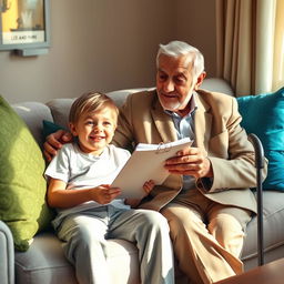 A heartwarming scene featuring a young boy named Omid, around 10 years old, sitting comfortably on a light gray couch adorned with colorful cushions in green and blue