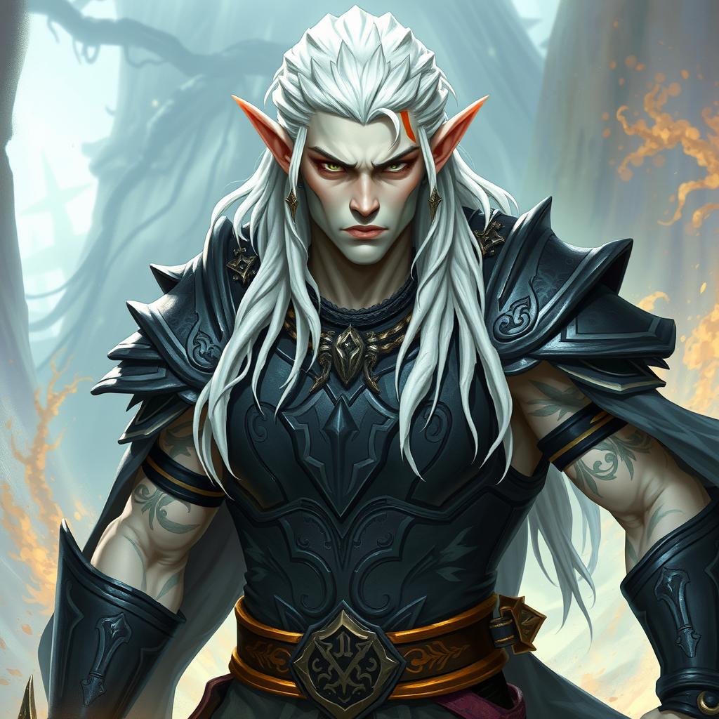 A male elf character representing the battle warlock class, positioned in a serious battle stance