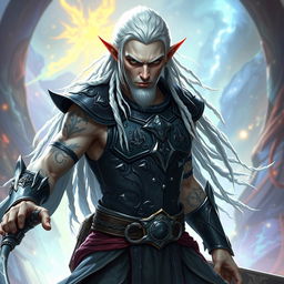 A male elf character representing the battle warlock class, positioned in a serious battle stance
