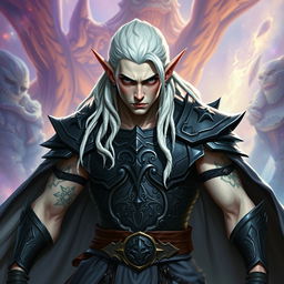 A male elf character representing the battle warlock class, positioned in a serious battle stance