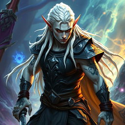 A male elf character representing the battle warlock class, positioned in a serious battle stance
