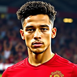 A close-up portrait of a young man with a confident expression and an athletic build, with curly black hair styled in a modern fashion
