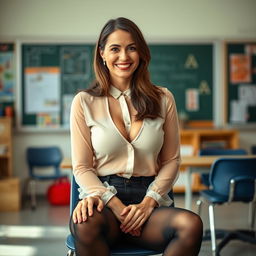 A 40-year-old slim and fit female teacher sitting on a chair in a stylish classroom, confidently facing the camera