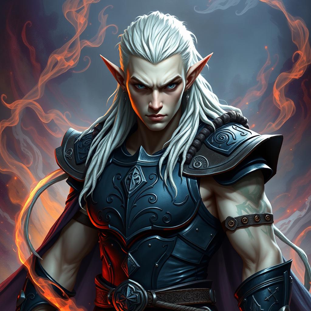 A male elf character representing the battle warlock class, captured in a serious battle stance