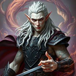 A male elf character representing the battle warlock class, captured in a serious battle stance