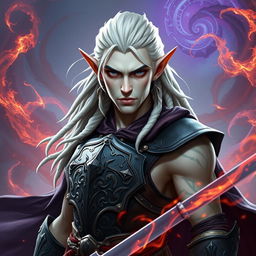 A male elf character representing the battle warlock class, captured in a serious battle stance