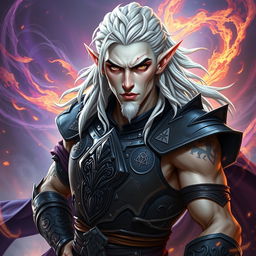 A male elf character representing the battle warlock class, captured in a serious battle stance