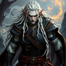 A male elf character exemplifying the battle warlock class, captured in a serious battle stance