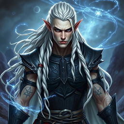 A male elf character exemplifying the battle warlock class, captured in a serious battle stance