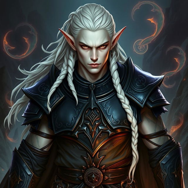 A male elf character exemplifying the battle warlock class, captured in a serious battle stance