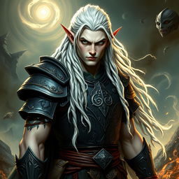 A male elf character exemplifying the battle warlock class, captured in a serious battle stance