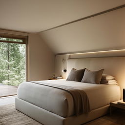 A modern and cozy bedroom with neutral color tones, combining style and comfort. The room features a king sized bed, a stylish side table, and simple lighting to maintain a serene atmosphere.