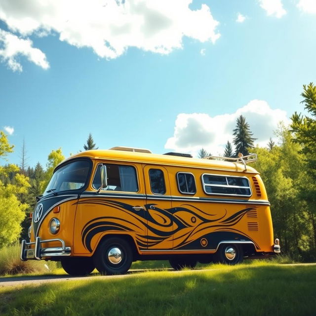 A beautiful, vintage camper van designed in an eye-catching yellow and black color scheme