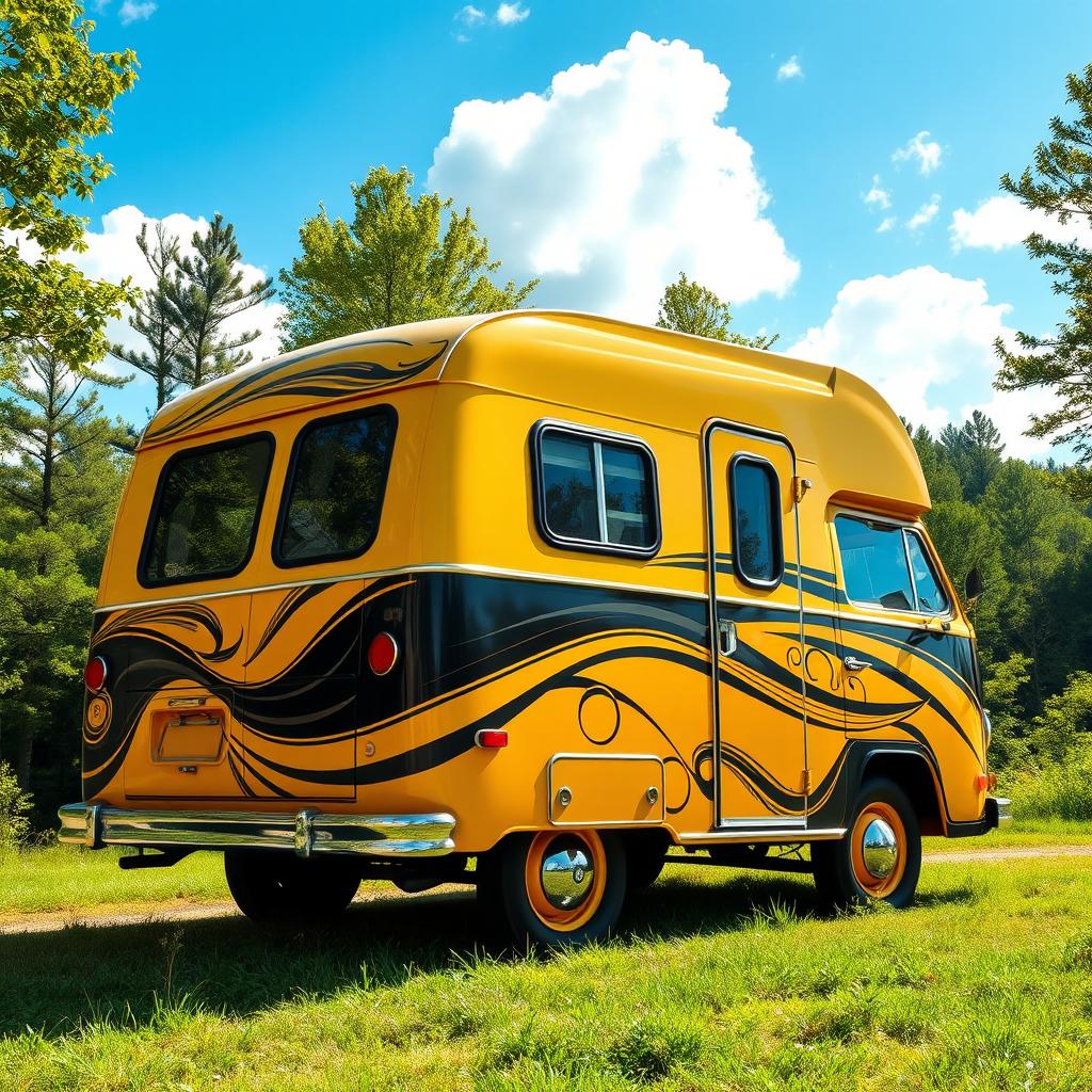 A beautiful, vintage camper van designed in an eye-catching yellow and black color scheme