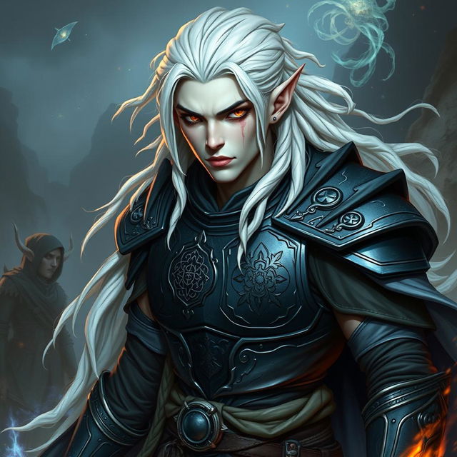 A male elf character embodying the battle warlock class, depicted in a serious battle stance