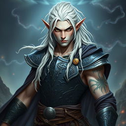 A male elf character embodying the battle warlock class, depicted in a serious battle stance