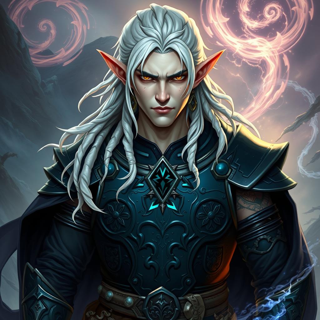 A male elf character embodying the battle warlock class, depicted in a serious battle stance