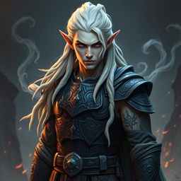 A male elf character embodying the battle warlock class, depicted in a serious battle stance