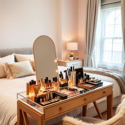 A beautifully arranged home bedroom featuring a stylish table adorned with an array of cosmetics