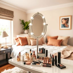 A beautifully arranged home bedroom featuring a stylish table adorned with an array of cosmetics