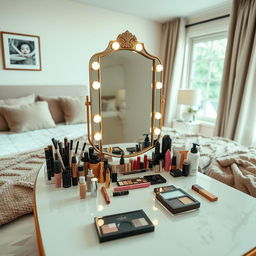 A beautifully arranged home bedroom featuring a stylish table adorned with an array of cosmetics