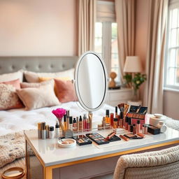 A beautifully arranged home bedroom featuring a stylish table adorned with an array of cosmetics