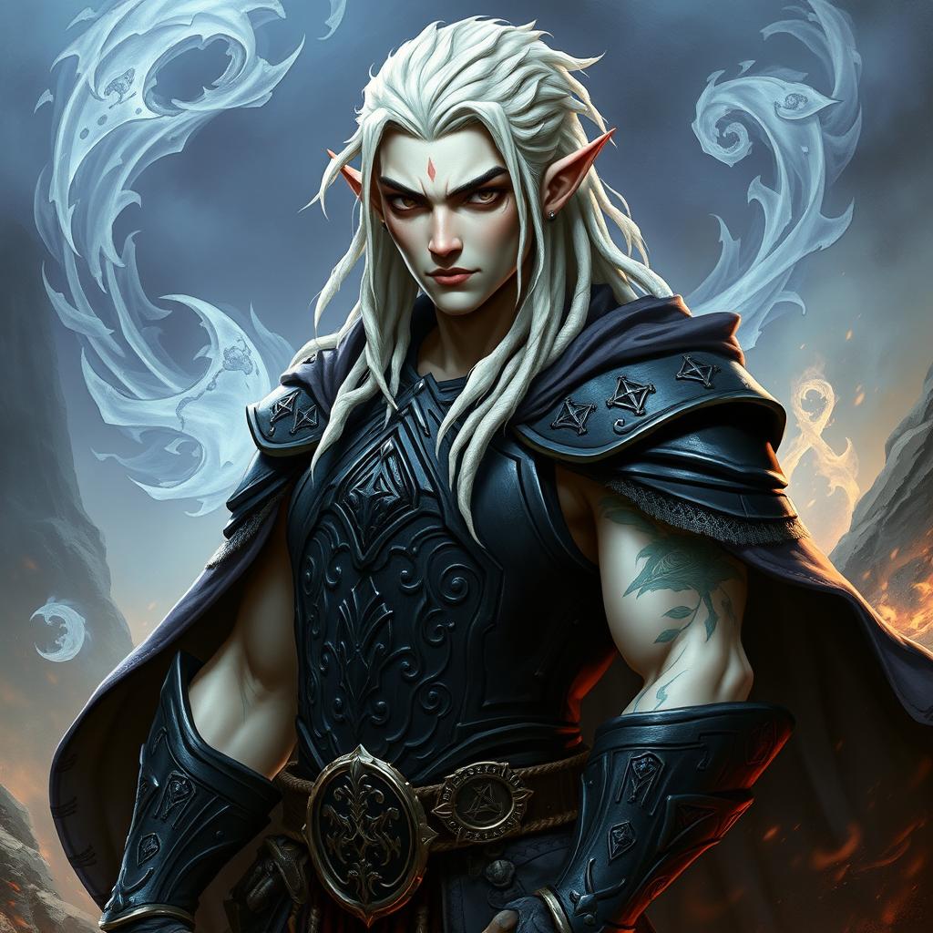 A male elf character representing the battle warlock class, depicted in a serious battle stance