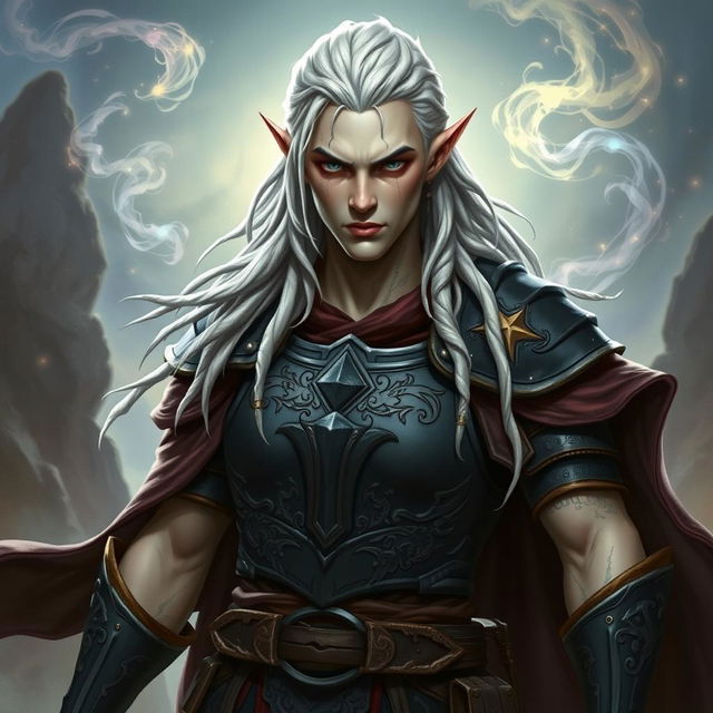 A male elf character representing the battle warlock class, depicted in a serious battle stance