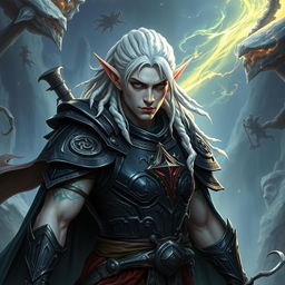A male elf character representing the battle warlock class, depicted in a serious battle stance
