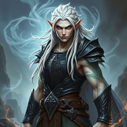 A male elf character representing the battle warlock class, depicted in a serious battle stance