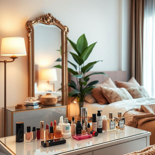 A stylish and cozy home bedroom featuring a neatly arranged table with various cosmetics, including lipsticks, skincare products, and perfume bottles