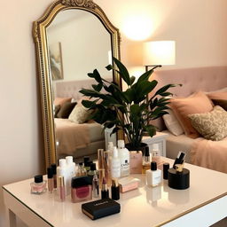 A stylish and cozy home bedroom featuring a neatly arranged table with various cosmetics, including lipsticks, skincare products, and perfume bottles