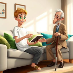 A cozy living room scene depicting a 10-year-old boy named Omid sitting on a light gray couch adorned with colorful cushions in shades of green and blue