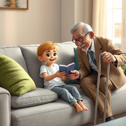 A cozy living room scene depicting a 10-year-old boy named Omid sitting on a light gray couch adorned with colorful cushions in shades of green and blue