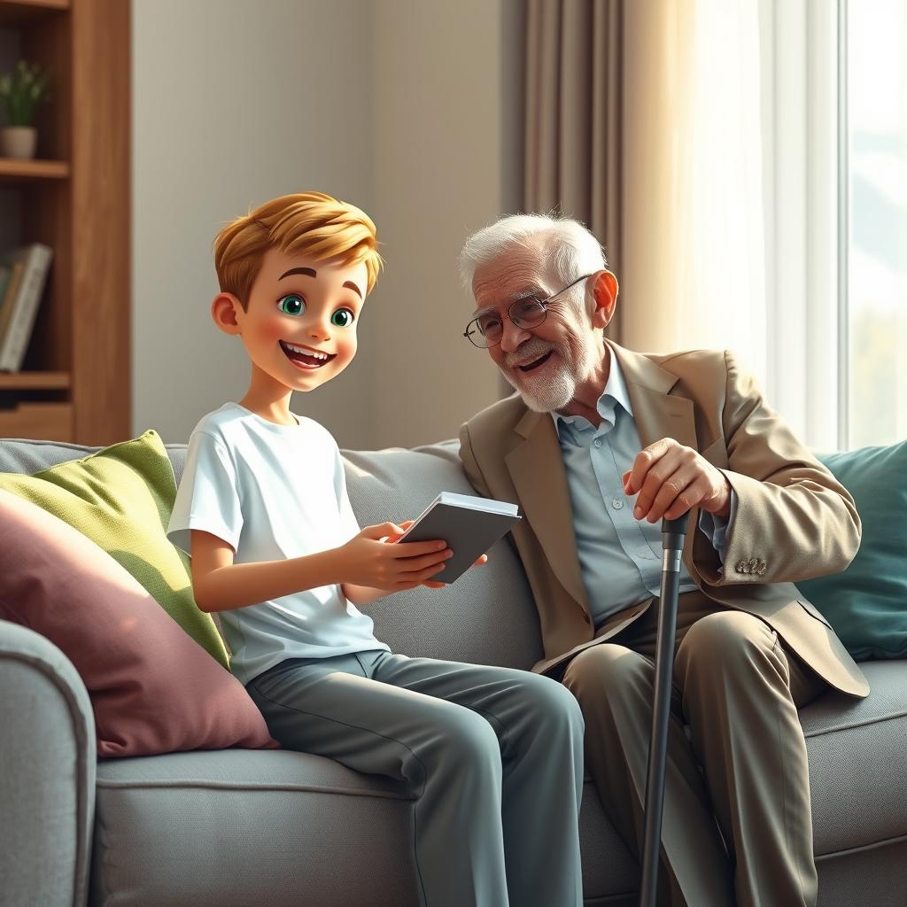 A cozy living room scene depicting a 10-year-old boy named Omid sitting on a light gray couch adorned with colorful cushions in shades of green and blue